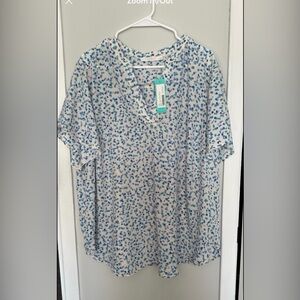 Lush Blue and White Floral Print Blouse